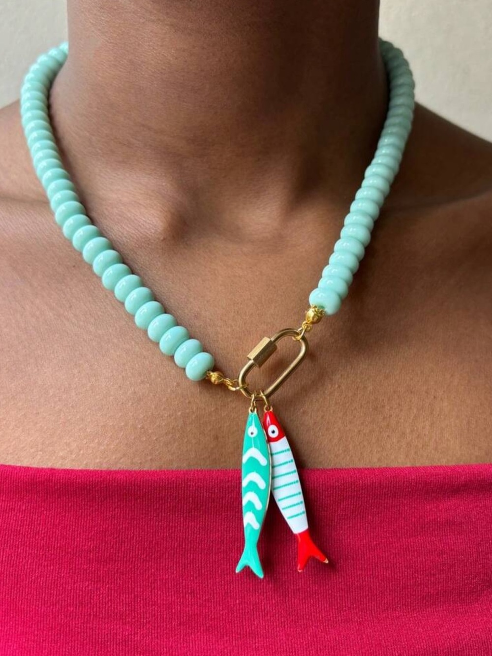 Aqua Beaded Necklace with Fish Charms